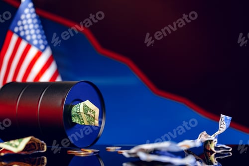 Preview: Oil prices fall concept. Oil barrel against decline chart