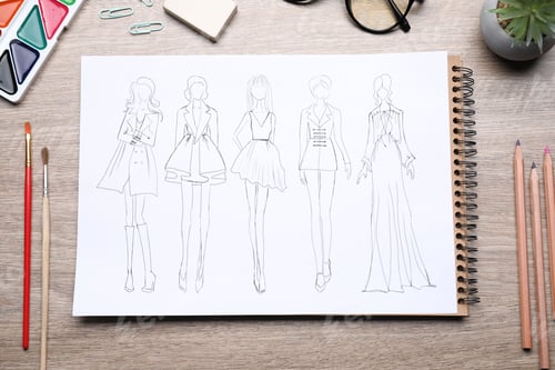 Preview: Sketch of stylish clothes and other fashion designer`s supplies on wooden table, flat lay