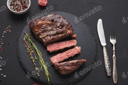 Preview: Rib eye steak and spices on black background