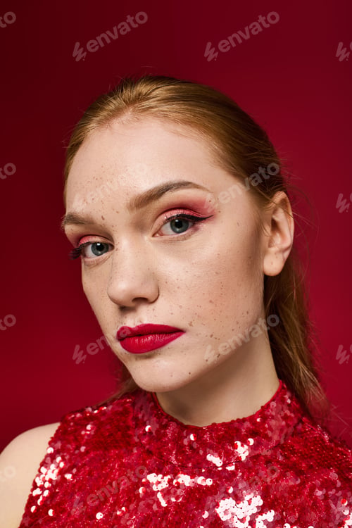 Preview: Bright red glam shines on a stunning young woman with expressive makeup
