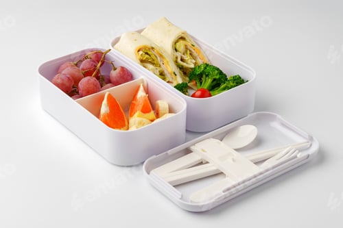 Preview: Lunch boxes with healthy food isolated on white