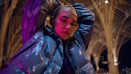 Preview: Trendy model posing gothic street at night city light closeup. Woman enjoy night