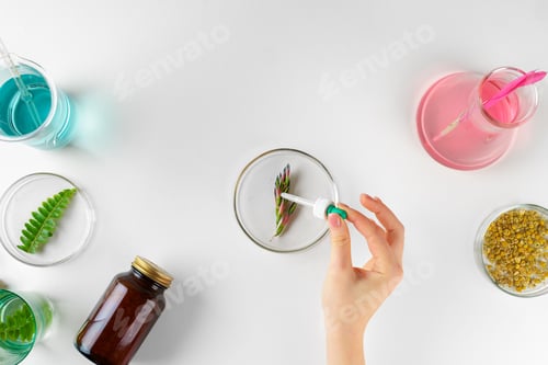 Preview: Making herbal dietary supplement in lab with plant leaves. Health and beauty concept