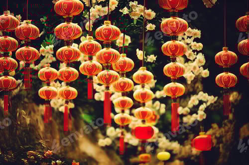 Preview: Many Red Lanterns with Flowers Hanging on Display