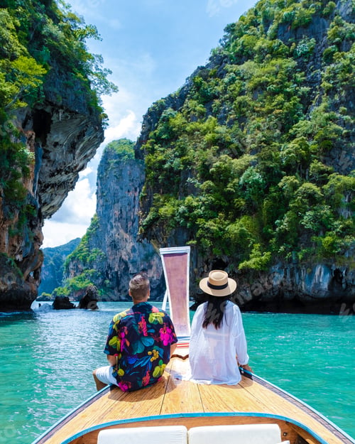 Preview: Longtail boat in Krabi Thailand, couple man, and woman on a trip at the tropical island 4 Island