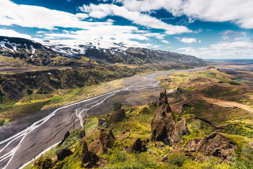 Preview: Valahnukur viewpoint hiking trail with mountain valley and river flowing in icelandic highlands