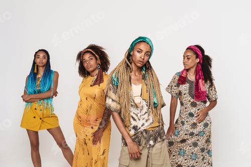 Preview: Young black four women wearing dress posing together on camera