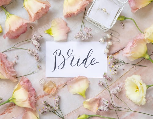 Preview: Card with the text BRIDE surrounded by pink flowers