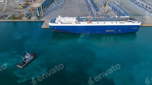 Preview: tug boat pulling ro ro ship in the ocean, Frieght car shipping car by cargo ship