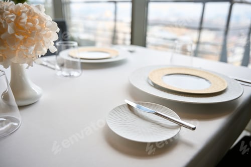 Preview: Catering service. Table setting, glass goblets cutlery