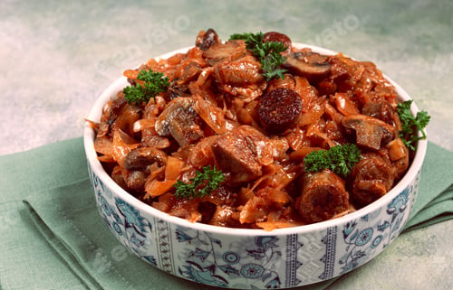 Preview: Bigos, bigus is a national Polish dish, made of cabbage and meat, stewed, homemade, no people,