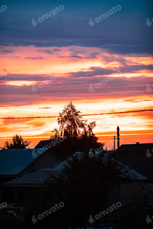 Preview: Very beautiful landscape of the evening sky with clouds, sunset. Blue, orange sky
