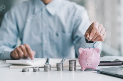 Preview: Man putting coin in piggy bank. saving money, budget, investment, finance concept