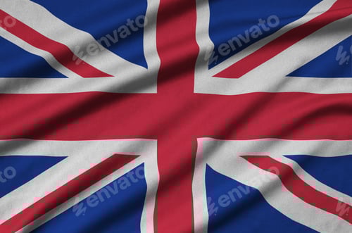Preview: Great britain flag is depicted on a sports cloth fabric with many folds. Sport team waving banner