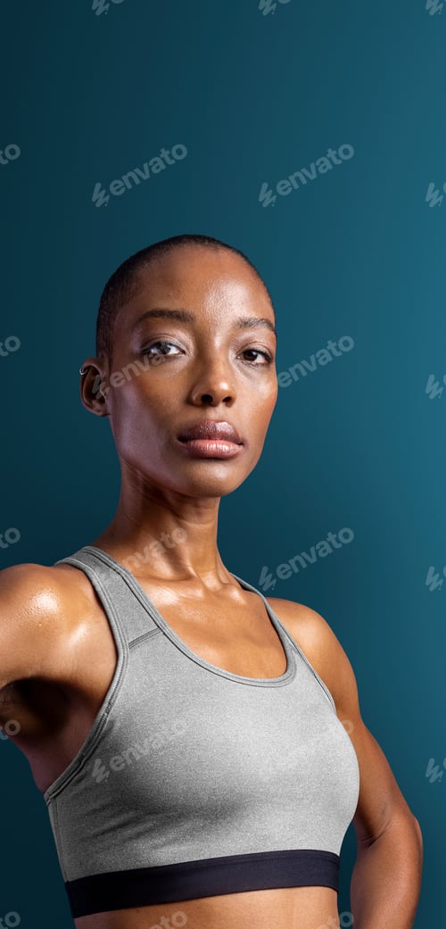 Preview: Black woman in sportswear on blue background