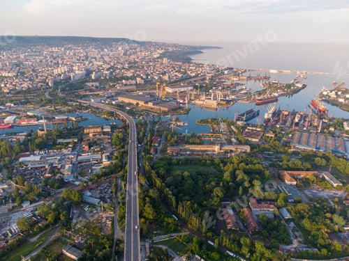 Preview: Aerial panorama drone view of Asparuhov bridge and Varna city at sunset
