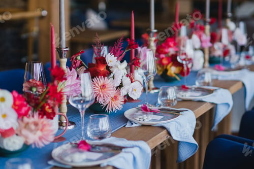 Preview: Coziness and style. Modern event design. Table setting at the wedding reception.