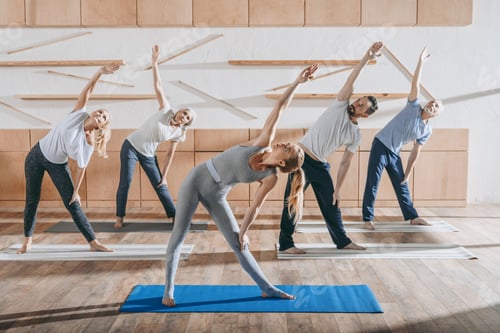 Preview: group of senior people stretching with instructor on mats in studio