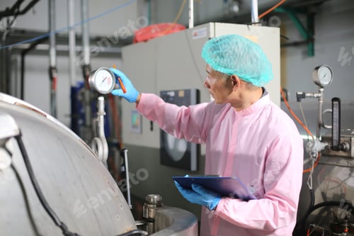 Preview: Factory worker examining a bottle in factory