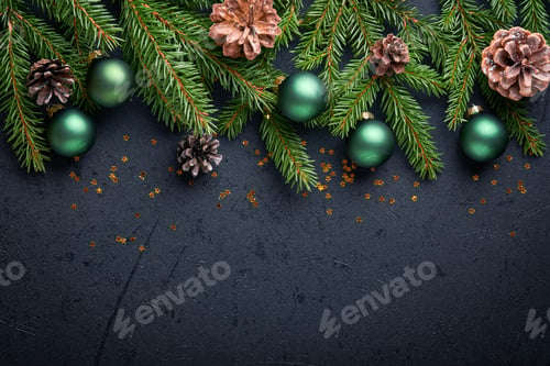 Preview: Christmas Decoration. Holiday Decorations with baubles, fir branches and present on dark black backg