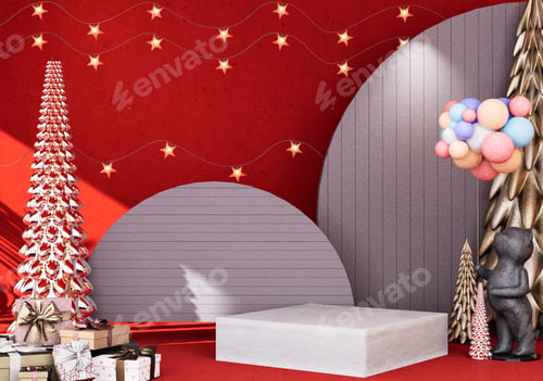 Preview: Happy New Year on Blank poduim of product stand with gift box