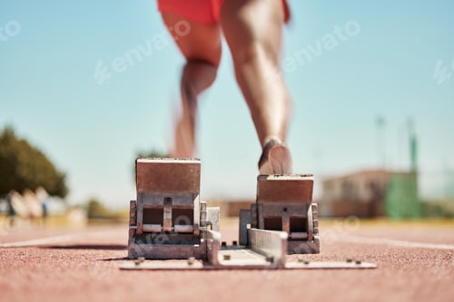 Preview: Stadium, back view and runner on start blocks for sprint, race or competition outdoors. Sports, wom
