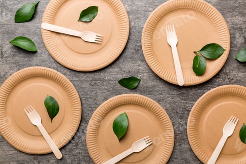 Preview: set of empty reusable disposable eco-friendly plates, cups, utensils