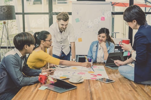 Preview: Group Of Asian and Multiethnic Business people with casual suit working and brainstorming