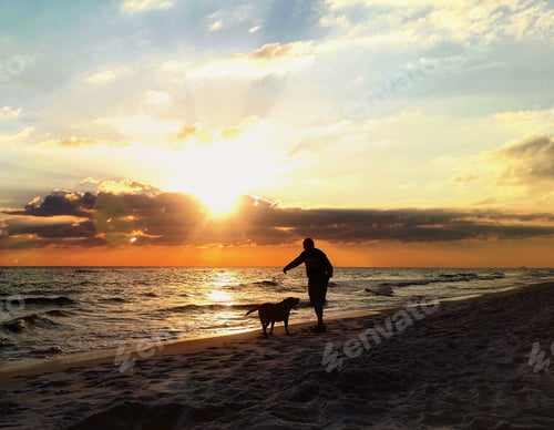 Preview: Silhouetted man snapping dog on beach with a beautiful sky on a beach vacation with cloudscape.
