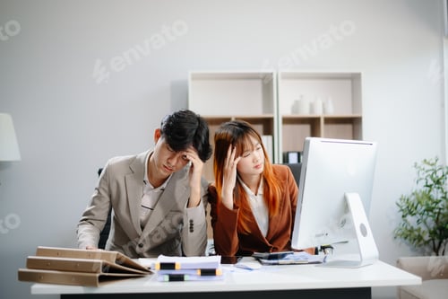 Preview: Furious two Asian businesspeople arguing strongly after making a mistake at work