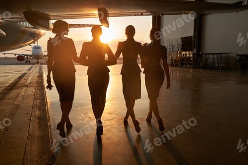 Preview: Friendly stewardesses walking together towards their aircraft