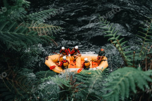 Preview: Aerial view of five people wearing swimsuits and life jackets with oars in hand inside an inflatable