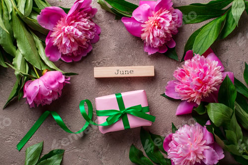 Preview: Pink peony flowers and gift box