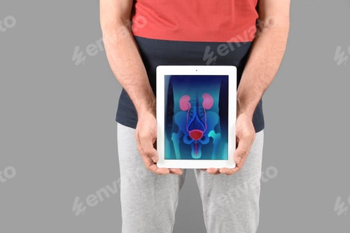 Preview: Mature man holding tablet with urinary system on screen against grey background
