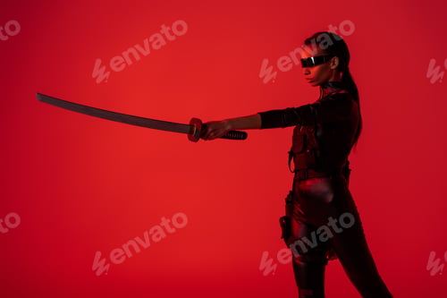 Preview: futuristic african american woman in glasses with sword on red background