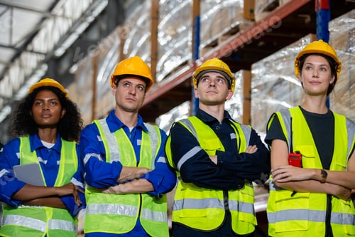 Preview: Team engineering worker technician, workshop manufacturing, Teamwork in industry factory.