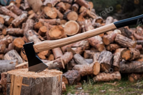 Preview: Handle tool for cutting. Close-up of axe cutting log while other logs laying in the background