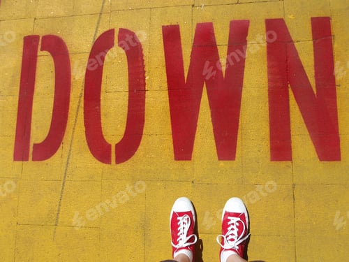 Preview: "Down" - Words in the Wild - red Converse sneakers, red word on a yellow background