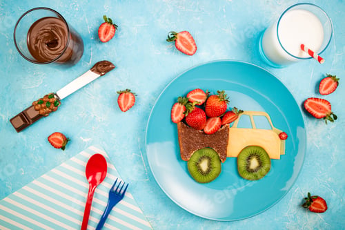 Preview: Children's breakfast with sandwich, berries and milk. Funny car truck sandwich
