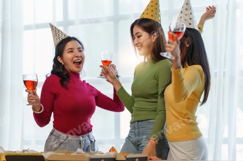 Visualização: Amigos na festa de aniversário tilintando taças com champanhe e pizza, curtindo as férias de Natal, pi