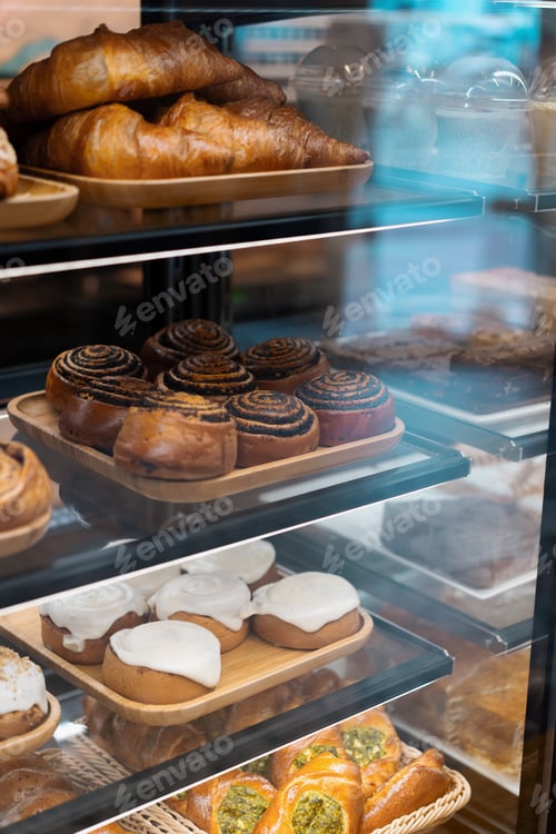 Preview: Counter full of delicious buns and pastries in shop, bakery