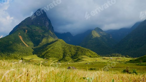 Preview: Beautiful landscape mountain green field grass meadow white cloud blue sky