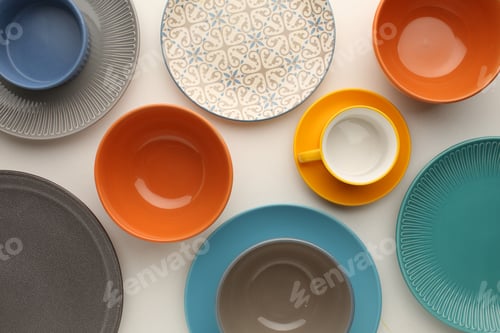 Preview: Beautiful multi-coloured bright ceramic bowl and tarenes, on a table top view