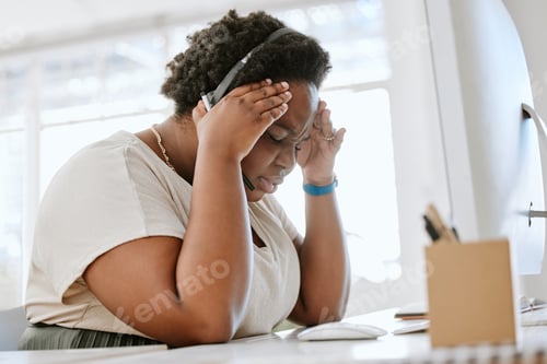Preview: Anxious female call center telemarketing agent feeling pressure and headache while working in a dem