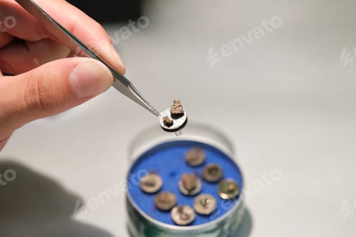 Preview: Scientific hand holding a tweezers with a scanning electron microscope sample on a specimen mount