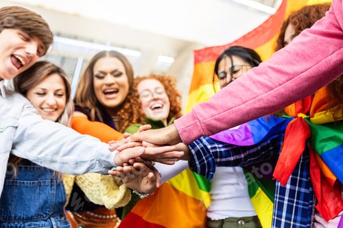 Preview: Young diverse group of friends celebrating LGBT pride day festival outdoors