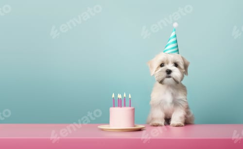 Visualização: Cachorro fofo comemorando com um bolo de aniversário