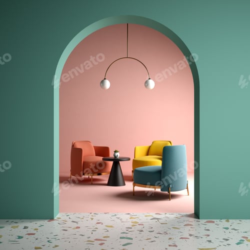 Preview: Memphis style conceptual interior room 3d illustration