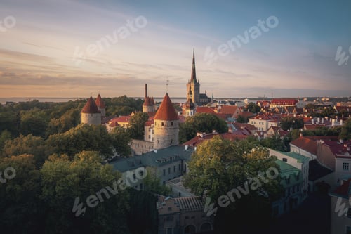 Preview: Aerial view of Tallinn at sunset with Tallinn City Wall and St Olaf Church - Tallinn, Estonia