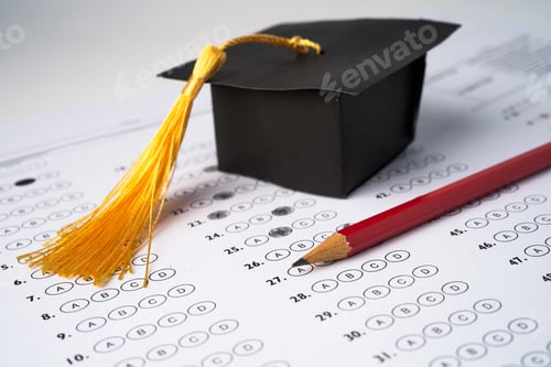 Preview: Graduation gap hat and pencil on answer sheet background